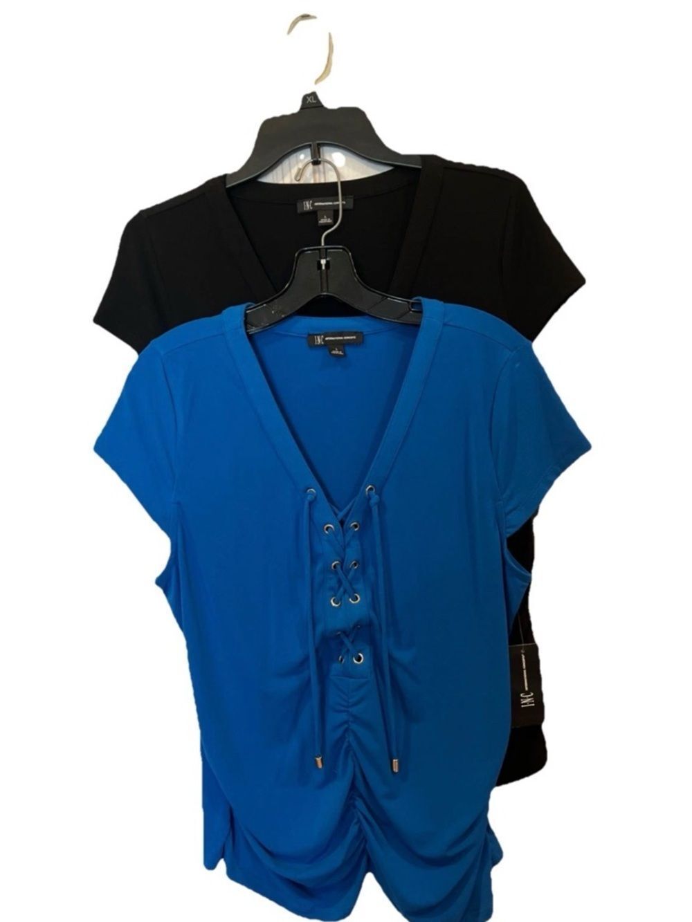 Lot of 2 INC International Concepts V-Neck Lace-Up Tops - Blue & Black